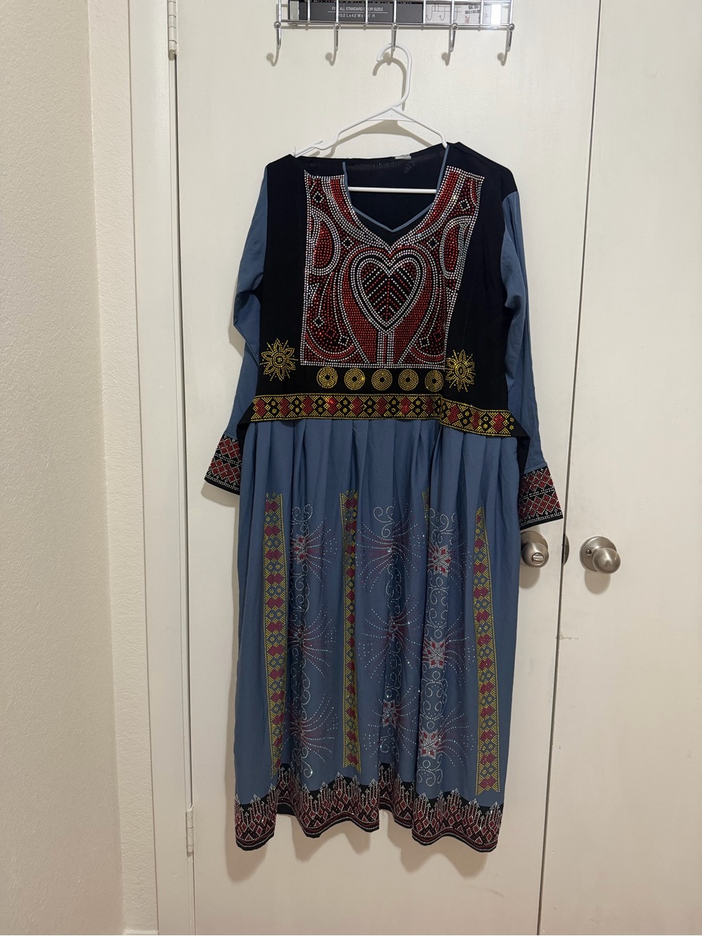 Embroidered  Maxidress in Dusty Blue & Black